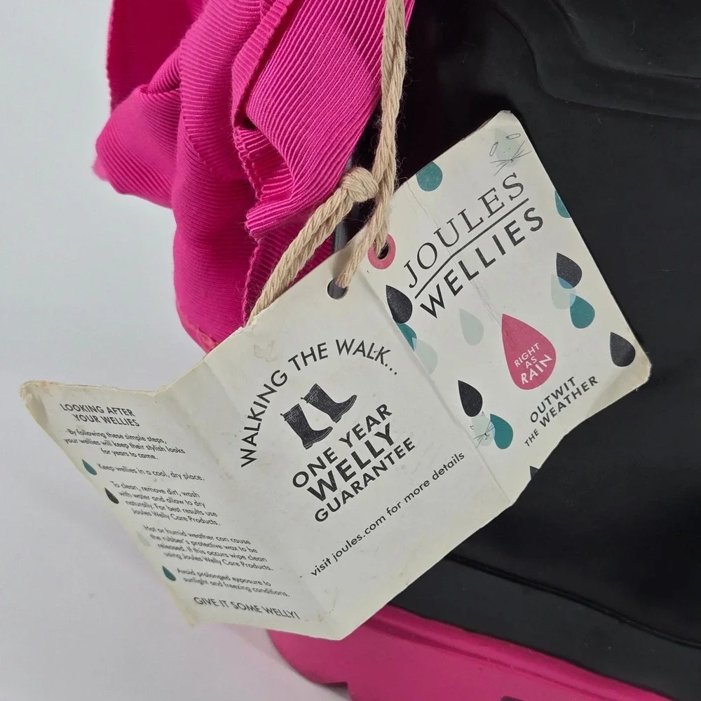 Joules Bow Welly Girls Rain Boots Black Pink Ribbon Waterproof Size US 9 NWT